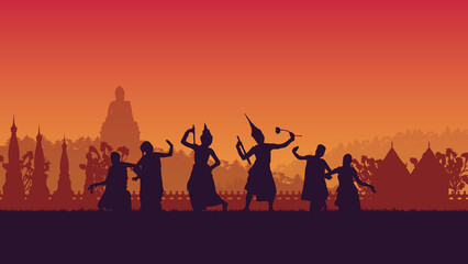 silhouette of traditional Thai Dance on gradient background - obrazy, fototapety, plakaty