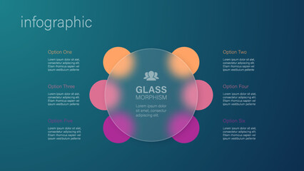 Infographic for 6 options, vector gradient design with realistic frosted glass, glassmorphism effect