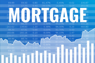 Word Mortgage on blue finance background with line, columns, numbers