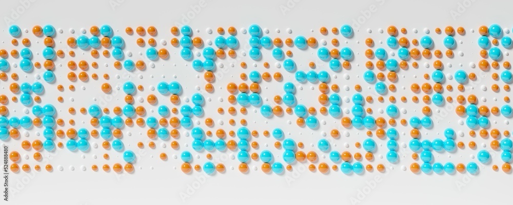 Wall mural Band of lines of cyan, white and orange spheres with different sizes on white background, abstract modern data visualisation, science, research or business datum concept