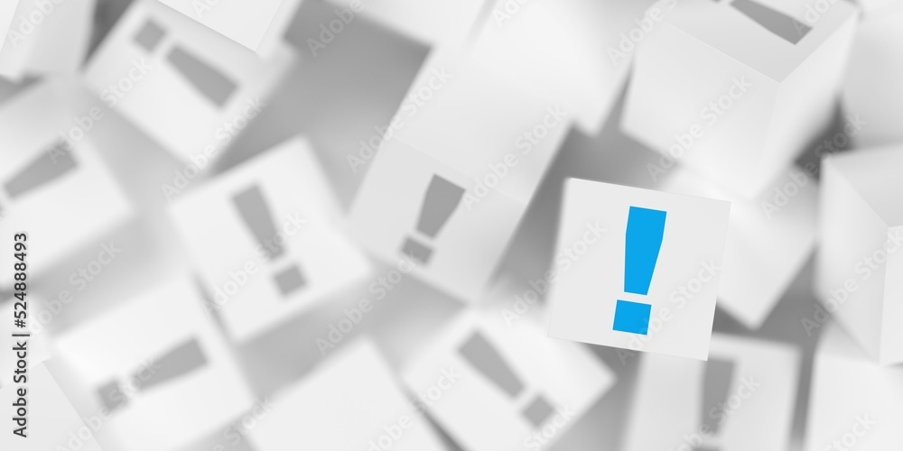 Poster heap of white cubes with grey exclamation marks and one blue exclamation mark, idea, solution or com