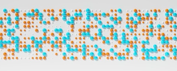 Band of lines of cyan, white and orange spheres with different sizes on white background, abstract modern data visualisation, science, research or business datum concept
