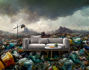 sofa and a coffee table stand on a landfill 3D rendering