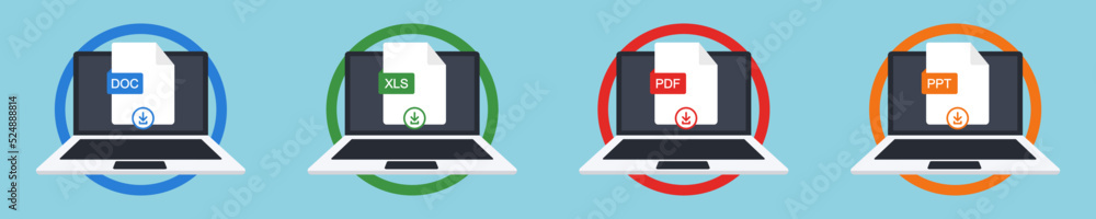 Aufkleber download document on laptop. download file in format type : excel, docx, ppt and pdf. set of downloa