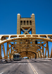 Front view of tower bridge against a bright blue sky in Sacramento, California, USA