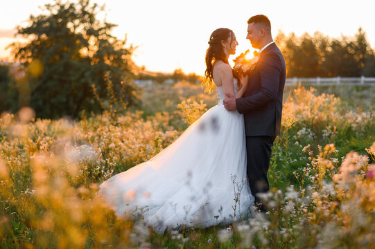 Beautiful portrait of loving brides couple standing on the field looking at each other with love and hugging. Pretty girl in wedding dress with handsome groom. Nature landscape with sunset.
