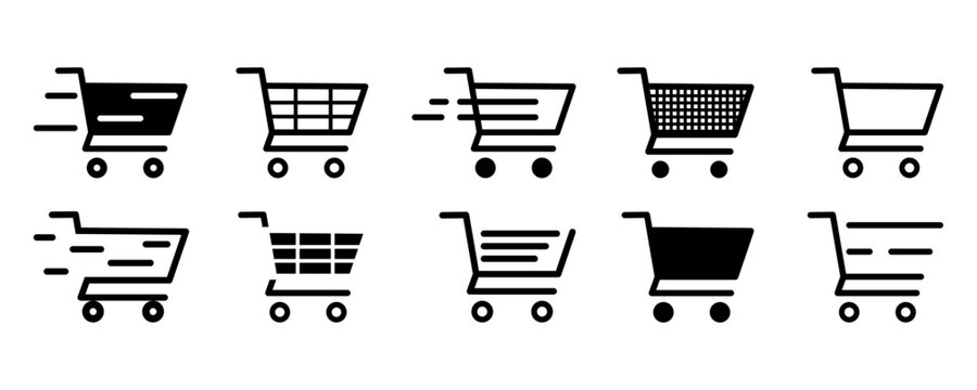 Set of shopping cart vector icons. Shopping trolley. Buy or shop online. Internet store symbol.