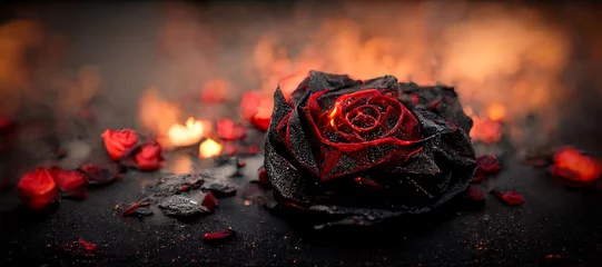 Fotobehang Heartbroken concept by half burnt rose leaving some into black ashes and embers. Digital art 3D illustration. © Summit Art Creations