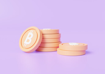 Cryptocurrency bitcoin with pile of coins. Bitcoin icon, BTC Cryptocurrency, Online trading, Business financial. saving money concept. 3d icon render illustration. cartoon minimal style