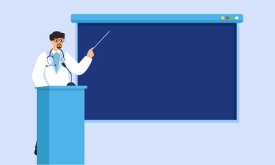A young male doctor with a pointer and a board. medical education. vector illustration.