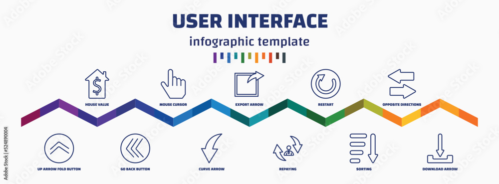 Poster infographic template with icons and 11 options or steps. infographic for user interface concept. included house value, up arrow fold button, mouse cursor, go back button, export arrow, curve arrow,