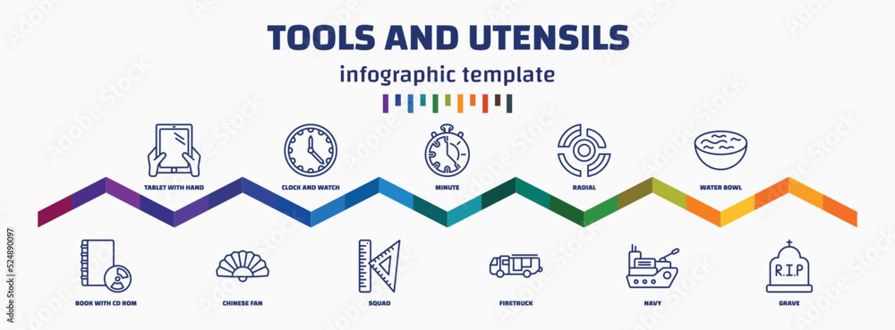 Poster infographic template with icons and 11 options or steps. infographic for tools and utensils concept.