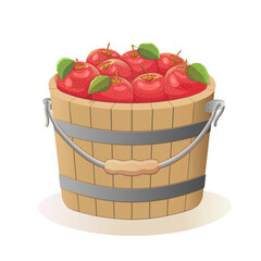 Red ripe apples in a wooden bucket with a handle on a white insulated background. Harvesting, fruits, vitamins, iron and minerals. Proper nutrition, diet. Label and advertising. Vector illustration. © НАТАЛИЯ К