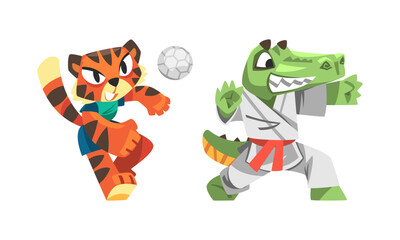 Obraz premium Animals doing sports set. Tiger volleyball player and crocodile karate fighter characters. Fitness and healthy lifestyle vector illustration