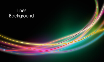 Blurred rainbow light lines glow in a dark curve on a black background Used For Decoration, Advertising Design, Website Or Publication, Banner And Poster, Cover A
