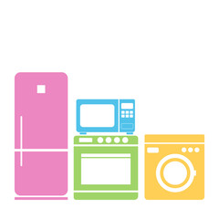 Refrigerator icon. Stove icon. Washing machine icon. Microwave icon. Vector illustration. Electronics store image in the style of the line. Home appliances on store shelves. Vector illustration.

