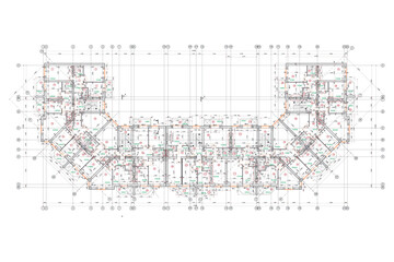 Apartment building detailed architectural technical drawing, vector blueprint floor layout
