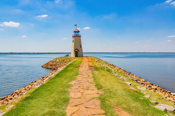 Sunny view of the Lake Hefner lighthouse