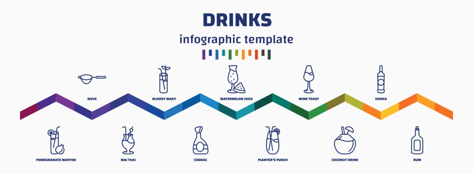 infographic template with icons and 11 options or steps. infographic for drinks concept. included sieve, pomegranate martini, bloody mary, mai thai, watermelon juice, cognac, wine toast, planter's