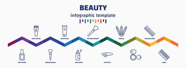 infographic template with icons and 11 options or steps. infographic for beauty concept. included hair clipper, nail polish, cream tube, makeup brush, inclined makeup brush, hair spray, pencils, eye