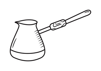 Outline cezve doodle. Hand drawn silhouette of vintage coffee preparation element. Vector item isolated on white. Black line object