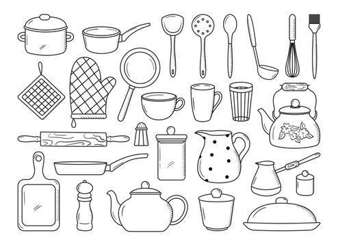 Set of outline kitchen tools doodles. Hand drawn silhouettes of vintage kitchenware. Pan, spoon, spatula, teapot, cup, cutting board, plate, jar icons in line style. Tableware items vector collection
