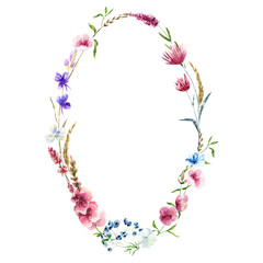 Watercolor floral wreath with garden flowers.Abstract invitation design with leaves,flowers and tvigs .Herbal minimalistic  frame.Greenery wedding round invitation.