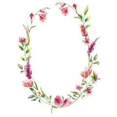 Watercolor floral wreath with garden flowers.Abstract invitation design with leaves,flowers and tvigs .Herbal minimalistic  frame.Greenery wedding round invitation.