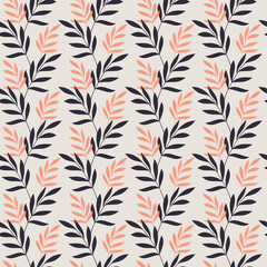 Seamless leaf pattern vector. Abstract branches floral illustration. Flat leaves backdrop. Wallpaper, background, fabric, textile, print, wrapping paper or package design.