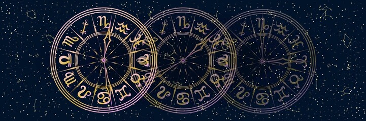 Red and Yellow Round Frame with Zodiac Signs. Horoscope Symbol. Panoramic Sky Map of Hemisphere. Glowing Constellations on Starry Night Background. Raster. 3D Illustration