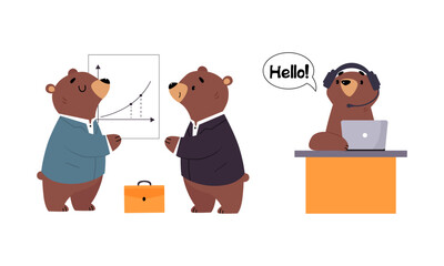 Bear character business activities set. Brown wild animal employee in suit working in office cartoon vector illustration