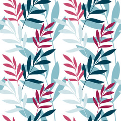 Fototapeta na wymiar Colorful leaves seamless pattern vector. Abstract flat branches floral backdrop illustration. Wallpaper, background, fabric, textile, print, wrapping paper or package design.