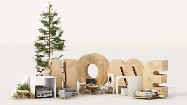 Isometric home office in HOME alphabet shape, concept of work from home, goal of life, Work Life Balance with furniture used in daily life. in white and wood tones, 3D rendering animation looping
