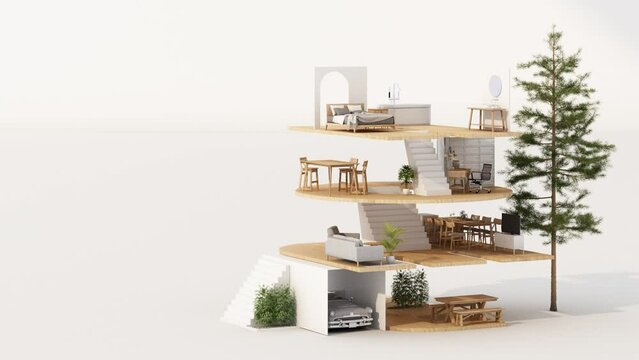 Isometric home office in HOME alphabet shape, concept of work from home, goal of life, Work Life Balance with furniture used in daily life. in white and wood tones, 3D rendering animation looping