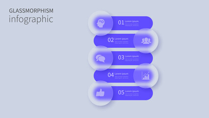 Infographic for 5 options, vector gradient design with realistic frosted glass, glassmorphism effect