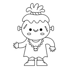 Obraz premium Vector black and white kawaii zombie. Cute smiling Halloween line character for kids. Funny autumn all saints day cartoon illustration. Samhain party voodoo doll icon or coloring page.