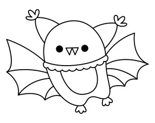 Vector black and white kawaii bat. Cute smiling Halloween line character for kids. Funny autumn all saints day cartoon animal with spread wings illustration. Samhain party icon or coloring page.