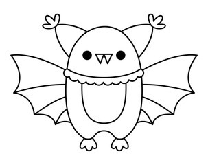 Vector black and white kawaii bat. Cute smiling Halloween line character for kids. Funny autumn all saints day cartoon animal with spread wings illustration. Samhain party icon or coloring page.