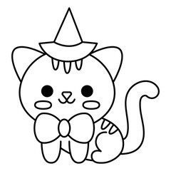 Vector black and white kawaii sitting black cat with purple bow. Cute smiling Halloween line character for kids. Funny autumn all saints day cartoon animal. Samhain party kitten coloring page.