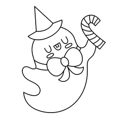 Vector black and white kawaii ghost in hat, bow. Cute Halloween line character for kids. Funny autumn all saints day illustration with spook. Samhain party day of the dead icon or coloring page .