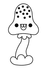 Vector black and white kawaii mushroom with eyes. Cute smiling Halloween line character for kids. Funny autumn all saints day plant illustration. Samhain party icon or coloring page.