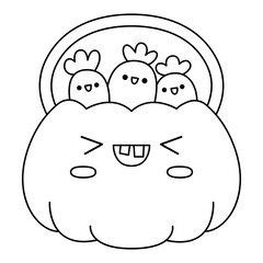 Vector black and white kawaii jack-o-lantern bag with sweets. Cute smiling Halloween line character for kids. Funny autumn scary pumpkin trick or treat illustration. Samhain party coloring page .