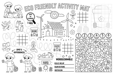 Vector ecological placemat for kids. Eco awareness printable activity mat with maze, tic tac toe charts, connect the dots, find difference. Earth day black and white play mat or coloring page.