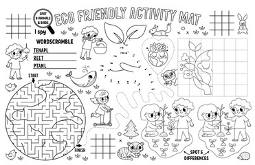 Vector ecological placemat for kids. Eco awareness printable activity mat with maze, tic tac toe charts, connect the dots, find difference. Earth day black and white play mat or coloring page.