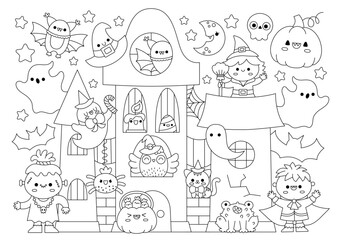 Vector Halloween horizontal line coloring page for kids with cute kawaii characters. Black and white autumn holiday illustration with witch, vampire, ghost, pumpkin. Funny searching poster.