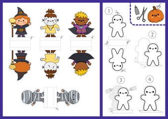 Vector Halloween paper dolls set. Cute finger puppets or chips with witch, vampire, monster, mummy for kids. Autumn or fall holiday cut out craft cards. Simple printable game with instruction.