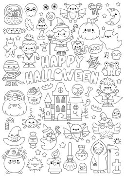 Vector Halloween vertical line coloring page for kids with cute kawaii characters. Black and white autumn holiday illustration with witch, vampire, ghost, pumpkin. Funny searching poster.