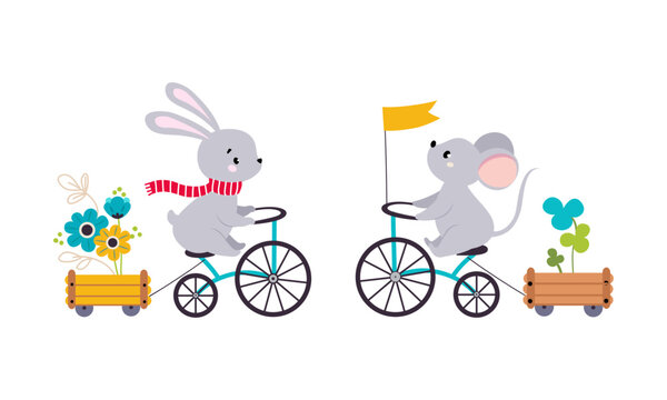 Cute baby animals enjoying ride. Adorable bunny and mouse riding bicycles cartoon vector illustration