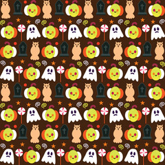Obraz premium Vector Halloween seamless pattern with ghost and pumpkin,Cartoon Halloween seamless pattern