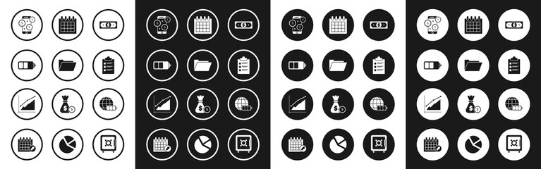 Set Stacks paper money cash, Document folder, Battery charge level indicator, Smartphone with dollar symbol, Clipboard checklist, Calendar, earth globe and Pie chart infographic icon. Vector